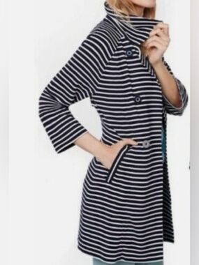 Like New CAbi Maritime Double Breasted Trench Navy & White Ribbed Stripe, Large